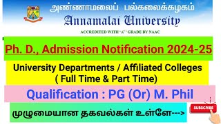 Annamalai University PhD Admission Notification 202425 Qualification PG or M phil [upl. by Attelliw]