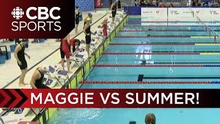 Maggie Mac Neil narrowly defeats Summer McIntosh in womens 100m back at Canadian Swimming Open [upl. by Huntingdon]