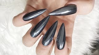 GUNMETAL CHROME STILETTO ACRYLIC NAILS [upl. by Narik584]