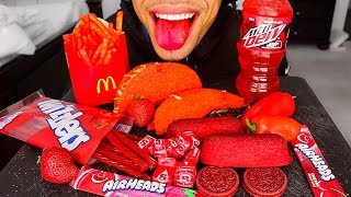 ASMR RED FOOD ONLY EATING SHOW TWINKIES OREOS TACOS GUMMY EDIBLE SODA BOTTLE MUKBANG JERRY 24 HOURS [upl. by Walworth]