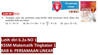 KSSM Matematik Tingkatan 1 Bab 6 latih diri 62a persamaan linear buku teks tingkatan 1 pt3 [upl. by Alleb]