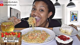 Shrimp Scampi Angel Hair Pasta Mukbang  First Time Trying Pollys Pies [upl. by Verdi]