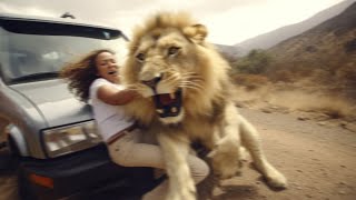 Woman Tries to Pet Lion During Safari Tour [upl. by Newsom66]