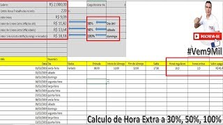 Calculo de Hora Extra no Excel de 30 50 100  Hora Extra no Excel [upl. by Ysabel]