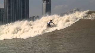 Surfing the Silver Dragon Tidal Bore Qiatang River China 2011 [upl. by Roban944]