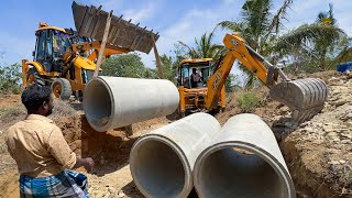 JCB 3DX PLUS Xtra and Tractor 3 Concrete Pipe Installation together for Way to My Village Temple [upl. by Dewie]