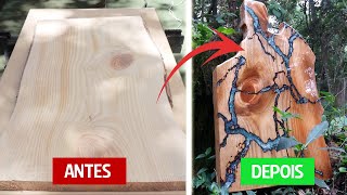 Aprenda a fazer o efeito lichtenberg queimando a madeira e aplicando Resina Epoxi Wood Burning [upl. by Assirialc]