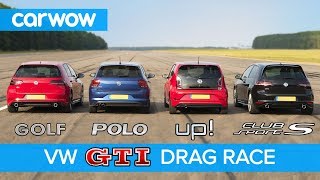 VW Golf GTI v Polo GTI v Golf Clubsport S v Up GTI  DRAG amp ROLLING RACE  carwow [upl. by Nylodnewg]