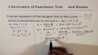 Equation of Tangent Line to curve y  4x  8x 1 Perpendicular to x  4y  11 [upl. by Cassi]