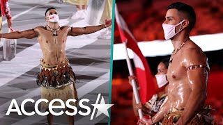 Shirtless Oiled Tonga Flag Bearer Pita Taufatofua Returns To Tokyo Olympics [upl. by Atthia]