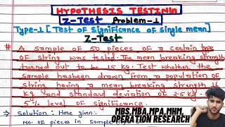 Hypothesis Testing Problems  Z Test amp T Statistics  One amp Two Tailed Tests 2  problem 1 [upl. by Dorotea]