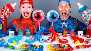 Red Food vs Blue Food Challenge 레드 블루 푸드 챌린지 Spiderman vs Capitan Dessert Mukbang by KIKIMO [upl. by Spieler]