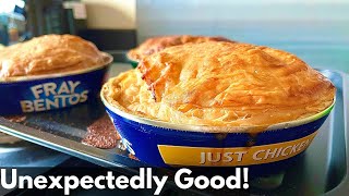 FRAY BENTOS PIE Trying Meat Pies Cooked in a Tin Unexpected Result [upl. by Nirroc]