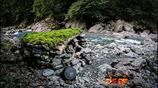 BUILDING a complete STONE survival SHELTER  Bushcraft amp Fishing [upl. by King]