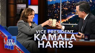 VP Kamala Harris Shares A Miller High Life With Stephen Colbert [upl. by Llebana356]