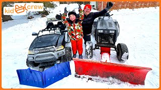 Plowing driveway with kids ride on truck and tractor Educational how to make snow  Kid Crew [upl. by Nadabus]