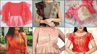 latest and trending peplum topsaree blouse designspeplum blouse designblouse front neck designs [upl. by Sibie]