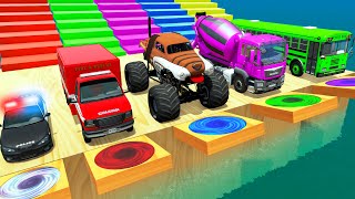 Monster Trucks Potholes Flatbed Long Trailer Truck Car Rescue  Cars vs Deep Water [upl. by Nnaeel]