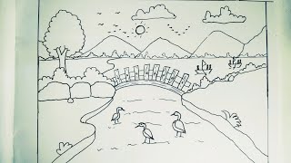 How to draw easy scenery drawing with beautiful  landscape drawing Easy nature scenery drawing [upl. by Mansfield]