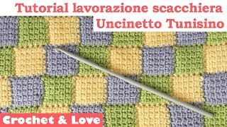 Tutorial uncinetto tunisino  lavorazione a scacchiera per copertine sub Eng y Esp [upl. by Rollo23]