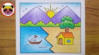 Scenery Drawing  Simple Landscape Scenery Drawing  How to Draw Beautiful Landscape Scenery [upl. by Wadsworth]