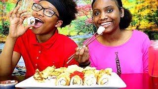 SUSHI MUKBANG AUSTIN ROLL HOT CHEETOS ROLL TAILGATE COMBO amp DUMPLINGS [upl. by Lauder]