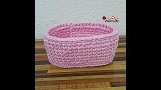 How to crochet oval basket tshirt yarnطريقة كروشيه باسكت بيضاوي بخيط الكليمcrocraftsكروكرافتس [upl. by Leuqar12]