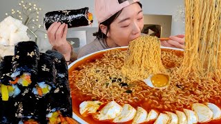 ASMR 오랜만에 먹네요🤤꼬들꼬들 순두부열라면 꼬마김밥 리얼먹방  Soft tofu ramen rice roll MUKBANG [upl. by Annawat]