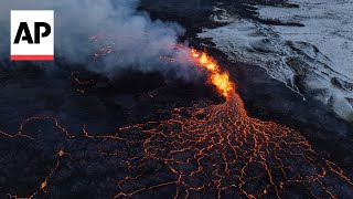 Drone footage of Iceland volcano eruption shows spectacular lava flow [upl. by Cychosz]