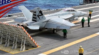 FA18戦闘機の電磁カタパルト射出、着艦、タッチアンドゴー  最新鋭空母ジェラルド･R･フォード [upl. by Nylitak959]