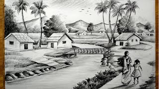 how to draw easy pencil sketch scenerylandscape pahar and river side scenery drawingpencil drawing [upl. by Slyke54]