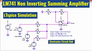 LM741 Non Inverting Summing Amplifier ltspice Simulation [upl. by Arodasi522]