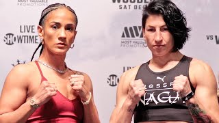 AMANDA SERRANO VS MIRIAM GUTIERREZ FULL WEIGH IN AND FACE OFF  JAKE PAUL VS TYRON WOODLEY [upl. by Wilkison]