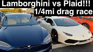 Lamborghini vs Tesla Plaid 14 mile drag race Sexy Lambo LP6104 vs the Model S Plaid Sedan [upl. by Nomled]