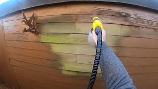 Cuprinol Ducksback being sprayed on a shed  thinned down 2 paint 1 water with Wagner fence sprayer [upl. by Coppock]