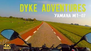 Riding a Yamaha MT07 across Dutch dykes next to the Lek river 4K [upl. by Byran]