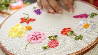 10 RIBBON EMBROIDERY FLOWERS Hand Stitching Tutorial for Beginners [upl. by Aneeb]