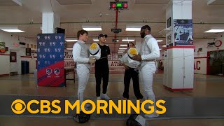 Nate Burleson and Tony Dokoupil learn fencing from Olympian couple [upl. by Battista]