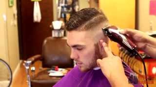 combover fade haircut with side part  hard part comb over  By Russ The Barber [upl. by Asila783]