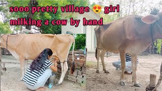 Sooo pretty 😍 Village girl  Milking a cow by hand  Cow milking [upl. by Randolf]