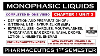 Monophasic Liquids complete  Syrup  Elixir  Liniments  Ch 1 U 3  Pharmaceutics  B Pharmacy [upl. by Grew]