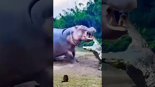 Hippopotamus VS crocodile crocodilian animals wildlifefight hippo [upl. by Eetnod807]