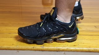 Nike Air VaporMax Plus Black Metallic Gold Sneaker Review  On Foot Look [upl. by Inoek]