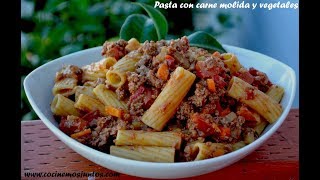 Pasta Rigatoni con carne molida y vegetales receta facil [upl. by Christenson688]