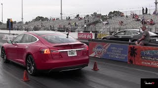 Tesla Model S P85 v Tesla Model S P85  Quietest Drag Race Ever Electric Battle StreetCarDragscom [upl. by Guss]