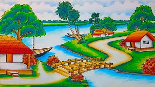 How to draw easy scenery drawing with beautiful landscape village with riverside scenery drawing [upl. by Michaud]