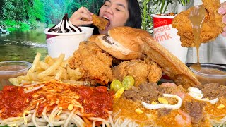 JOLLIBEE SUPER MEAL LOADED MUKBANG Chicken Palabok Spaghetti Burger Ice Cream PINOY MUKBANG [upl. by Faso]