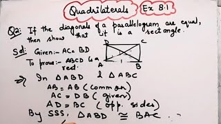 If the diagonals of a parallelogram are equal then show that it is a rectangle I [upl. by Victorine]