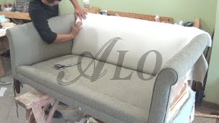 DIY  HOW TO REUPHOLSTER A COUCH WITH ROLL ARMS  ALO Upholstery [upl. by Oironoh727]