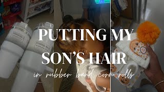 Doing my sons hair in rubber band corn rolls [upl. by Santoro206]